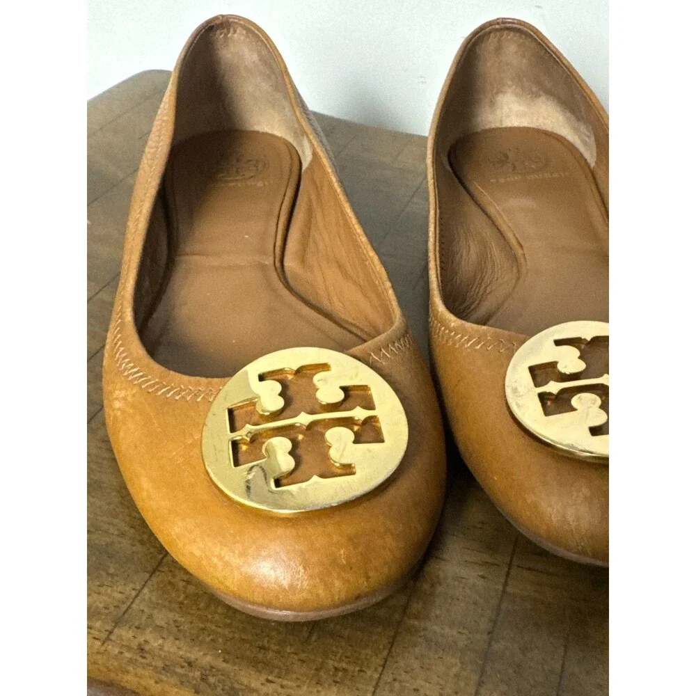 Tory Burch Reva Ballet Flats Women’s 7.5 Brown Tan Leather Gold Logo